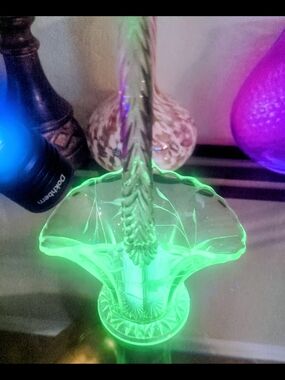 Vintage Clear Maganese Bridal Glass Basket with Etched Hummingbirds- 10" (H)